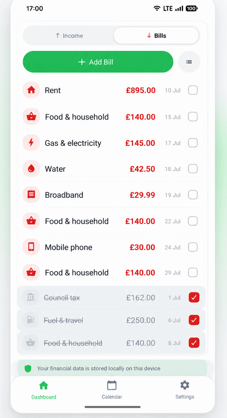 My Bills screen listing bills including Rent, Food & household and Broadband, with paid items ticked off