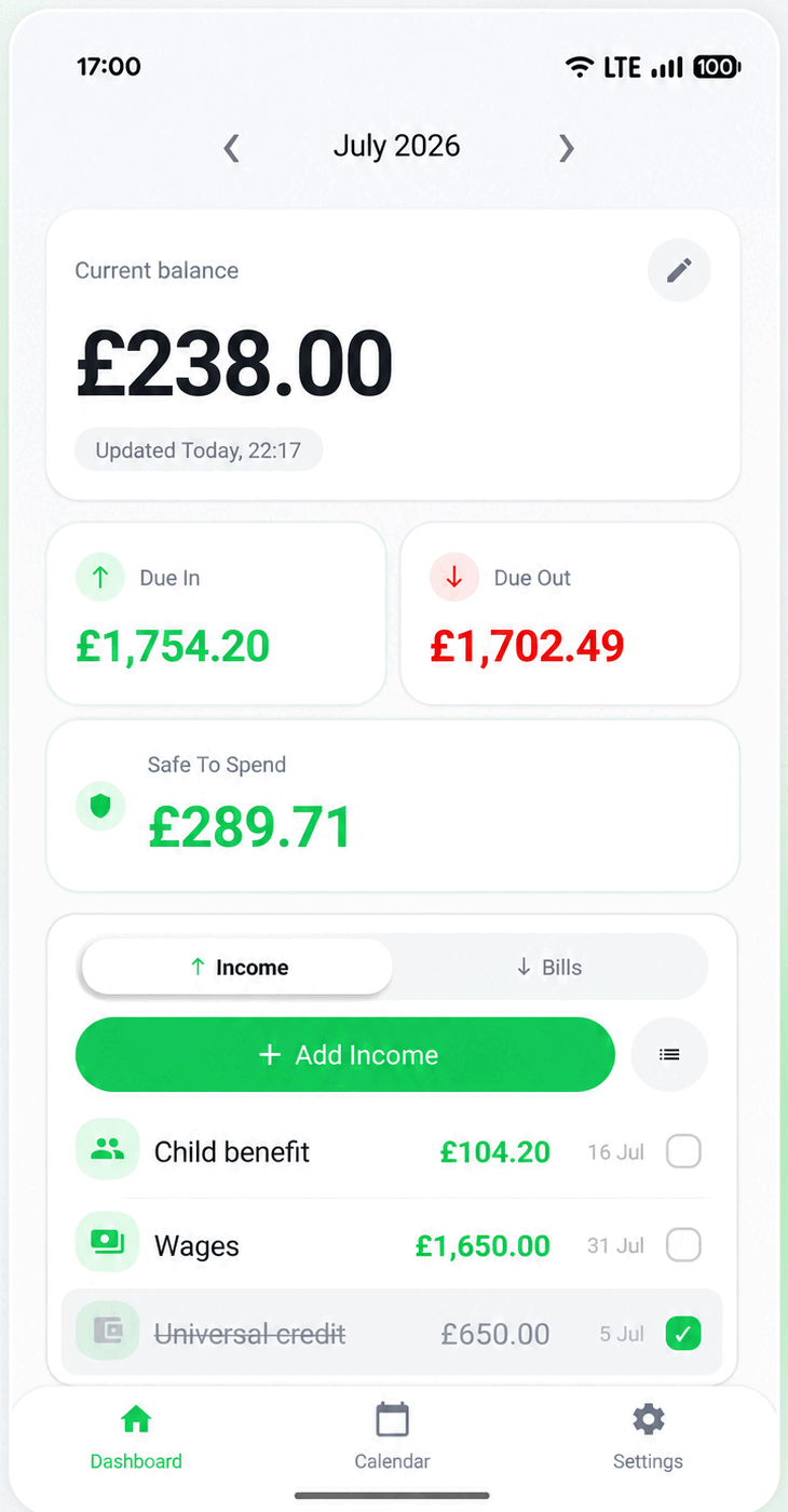 My Bills dashboard screen showing Current balance, Due in, Due out and Safe To Spend for July